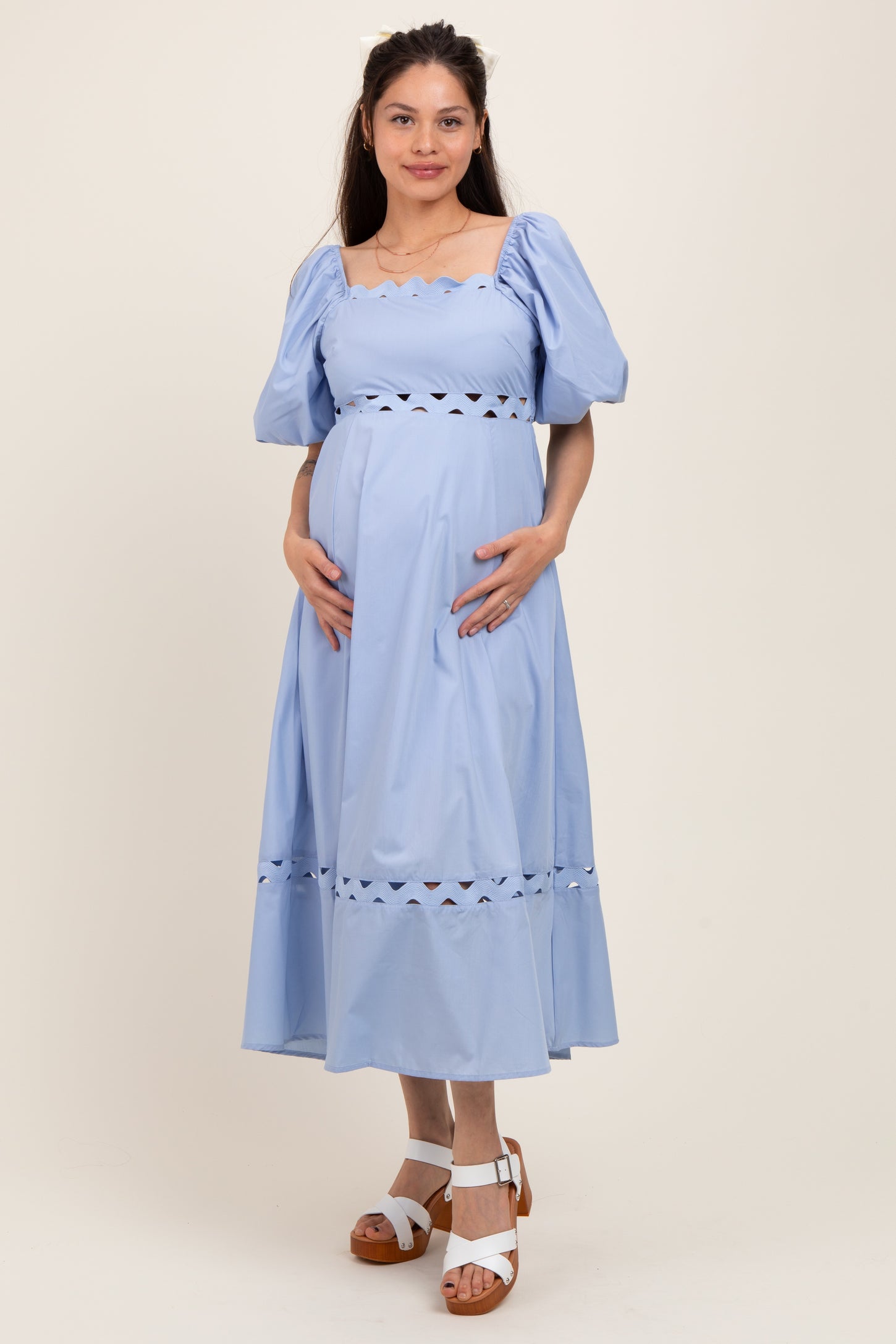 Blue Wavy Trim Puff Sleeve Maternity Midi Dress