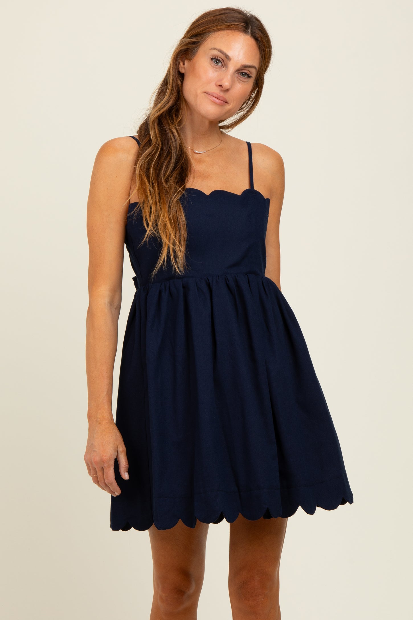 Navy Scallop Edge Cutout Tie Back Maternity Mini Dress