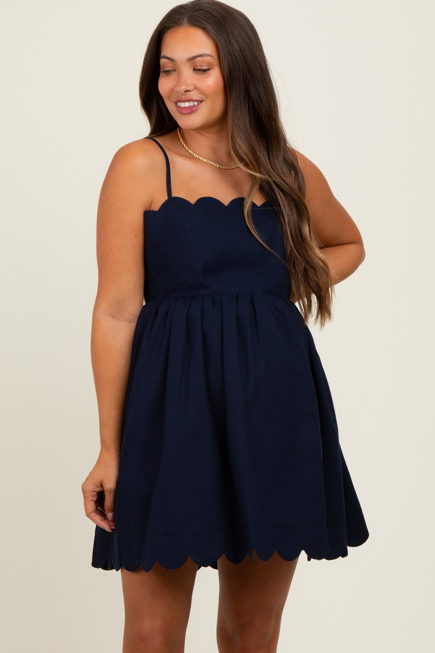 Navy Scallop Edge Cutout Tie Back Maternity Mini Dress