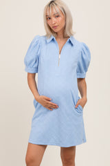 Light Blue Jacquard 1/4 Zip Maternity Mini Shirt Dress