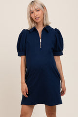 Navy Jacquard 1/4 Zip Maternity Mini Shirt Dress