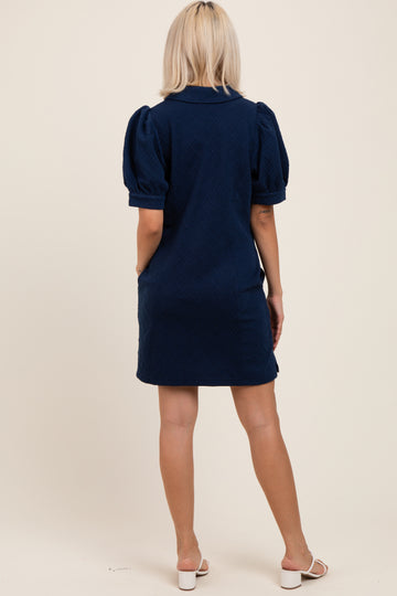 Navy Jacquard 1/4 Zip Maternity Mini Shirt Dress
