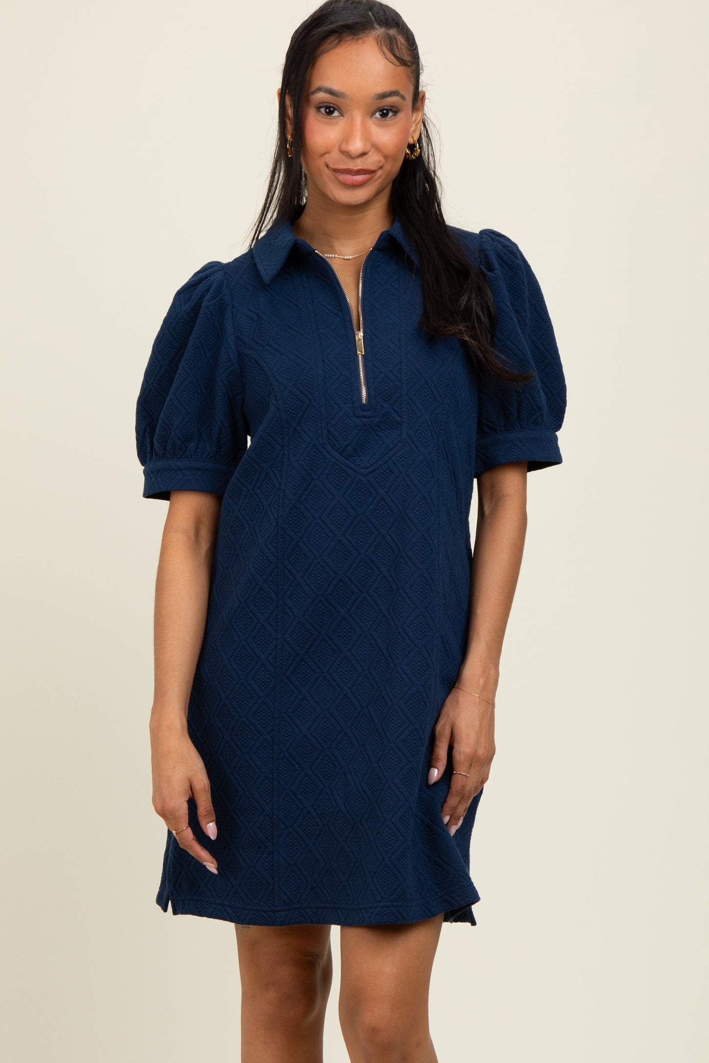 Navy Jacquard 1/4 Zip Maternity Mini Shirt Dress