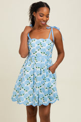 White Floral Shoulder Tie Scallop Hem Dress