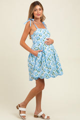 White Floral Shoulder Tie Scallop Hem Maternity Dress