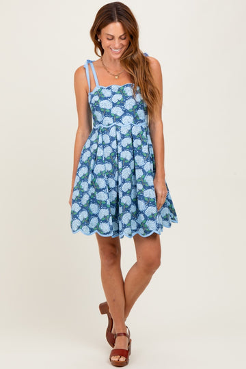 Navy Floral Shoulder Tie Scallop Hem Dress