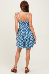 Navy Floral Shoulder Tie Scallop Hem Dress