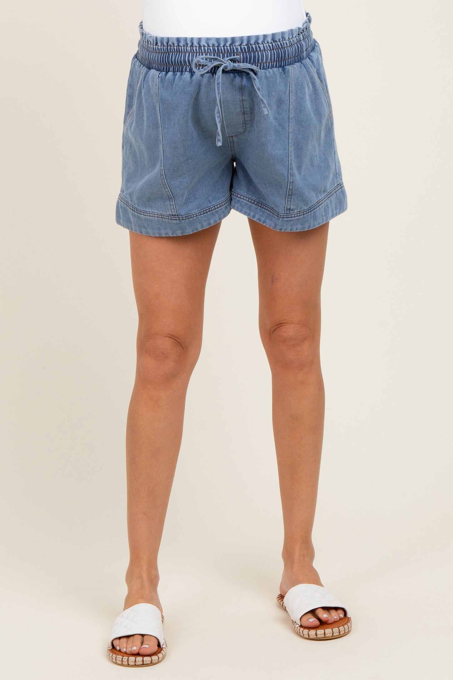 Blue Chambray Smocked Drawstring Waist Maternity Shorts