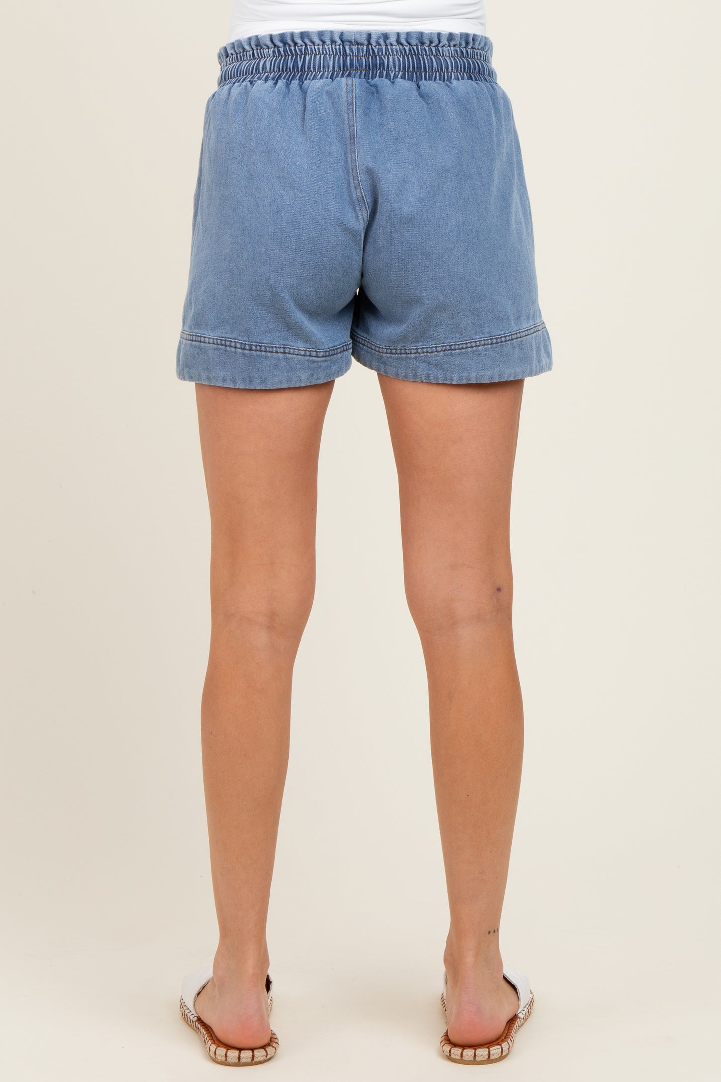Blue Chambray Smocked Drawstring Waist Maternity Shorts