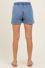 Blue Chambray Smocked Drawstring Waist Maternity Shorts