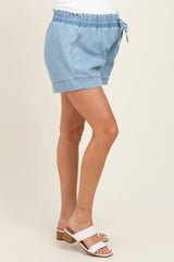 Light Blue Chambray Smocked Drawstring Waist Maternity Shorts