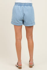 Light Blue Chambray Smocked Drawstring Waist Maternity Shorts