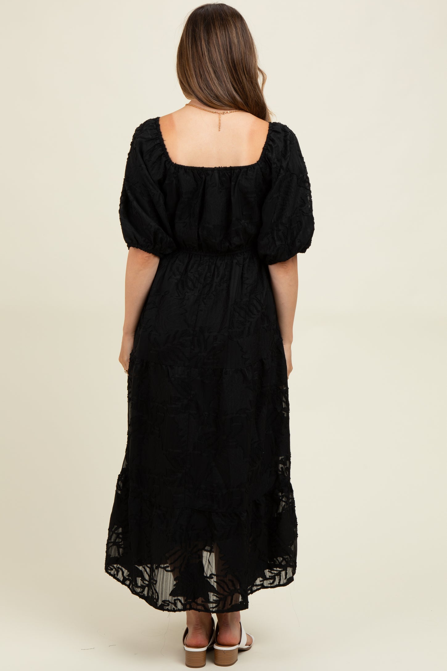 Black Leaf Textured Tiered Midi Maternity Dress
