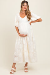 Cream Leaf Textured Tiered Midi Maternity Dress