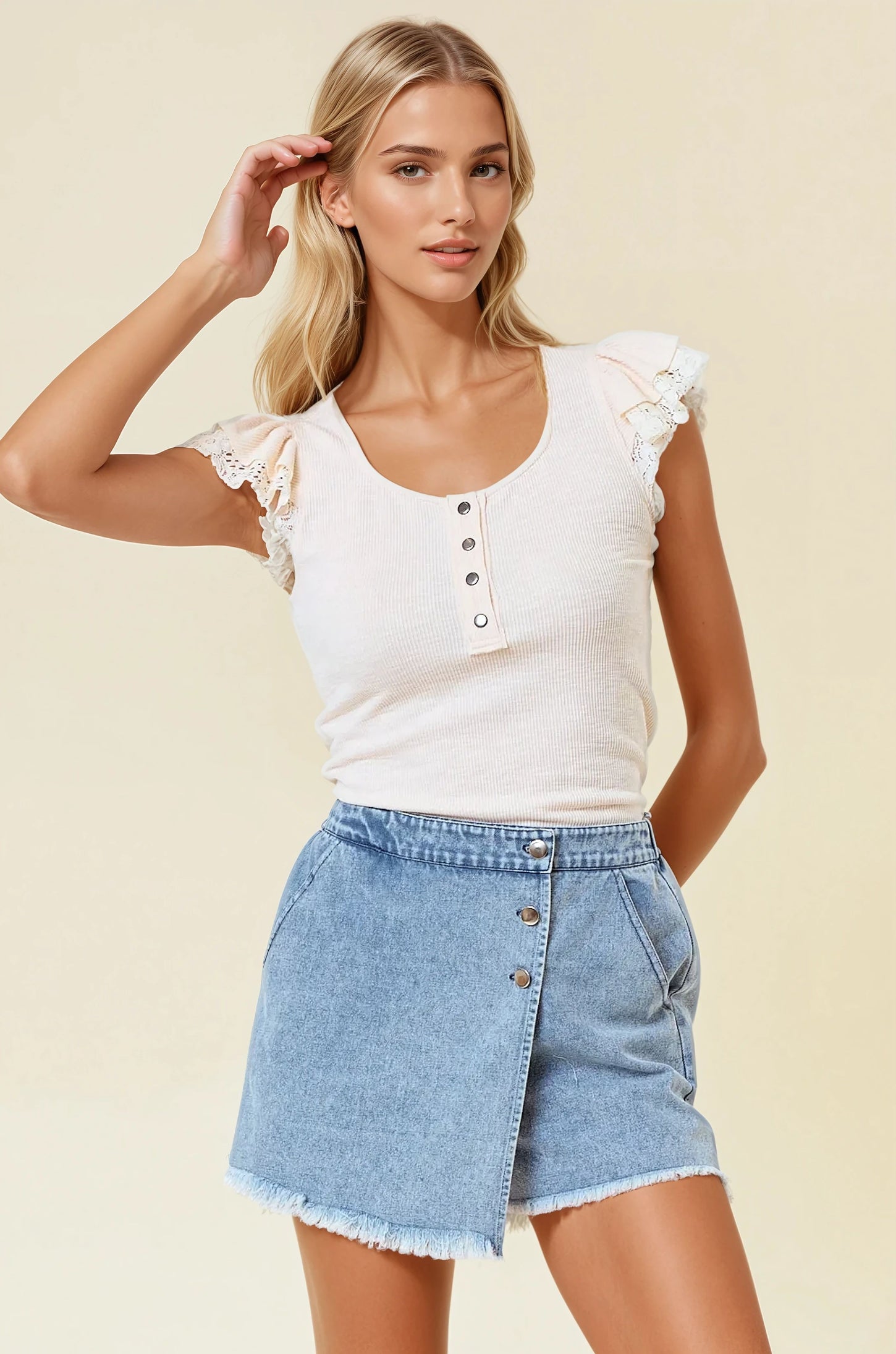 Cream Ruffle Crochet Sleeve Henley Top