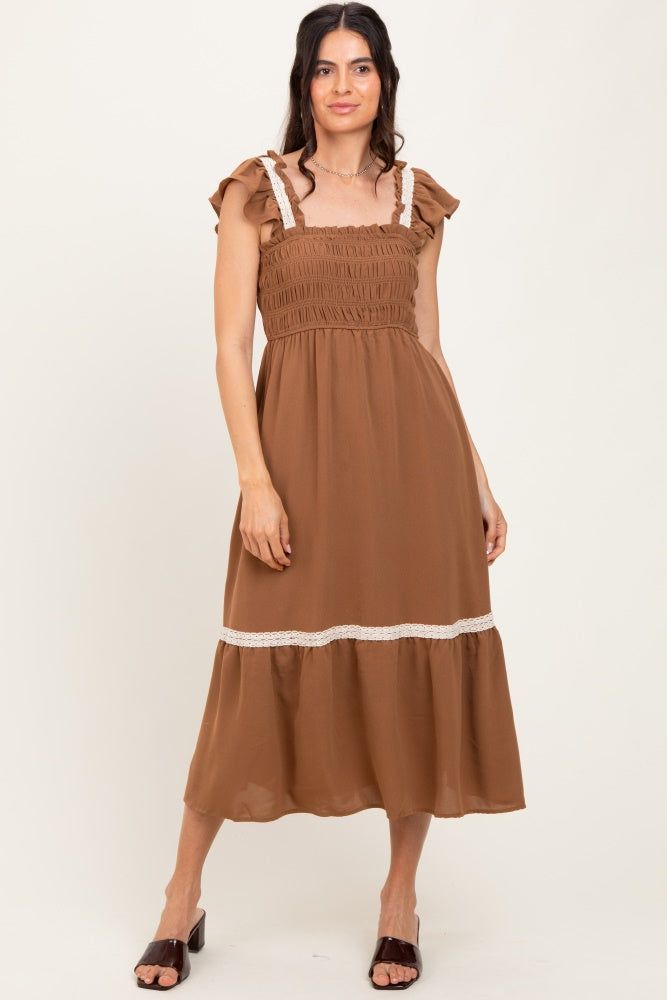 Mocha Smocked Lace Detail Midi Dress