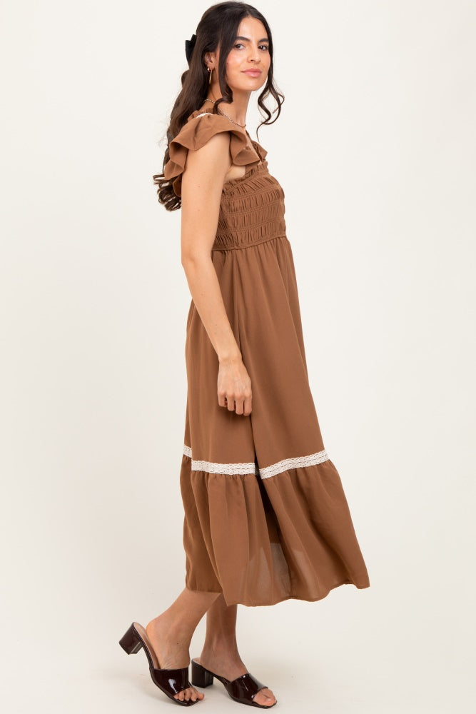 Mocha Smocked Lace Detail Midi Dress