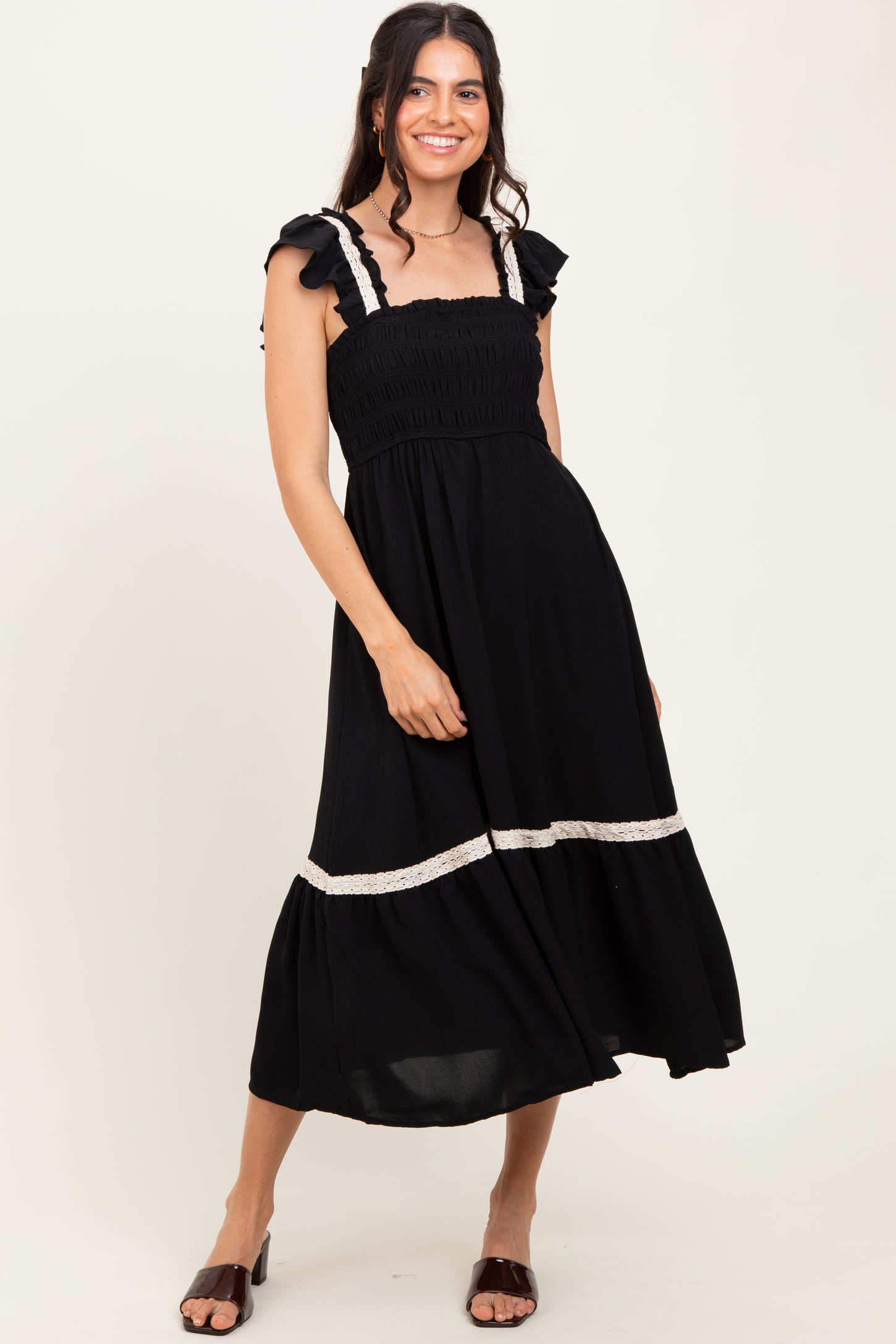 Black Smocked Lace Detail Maternity Midi Dress