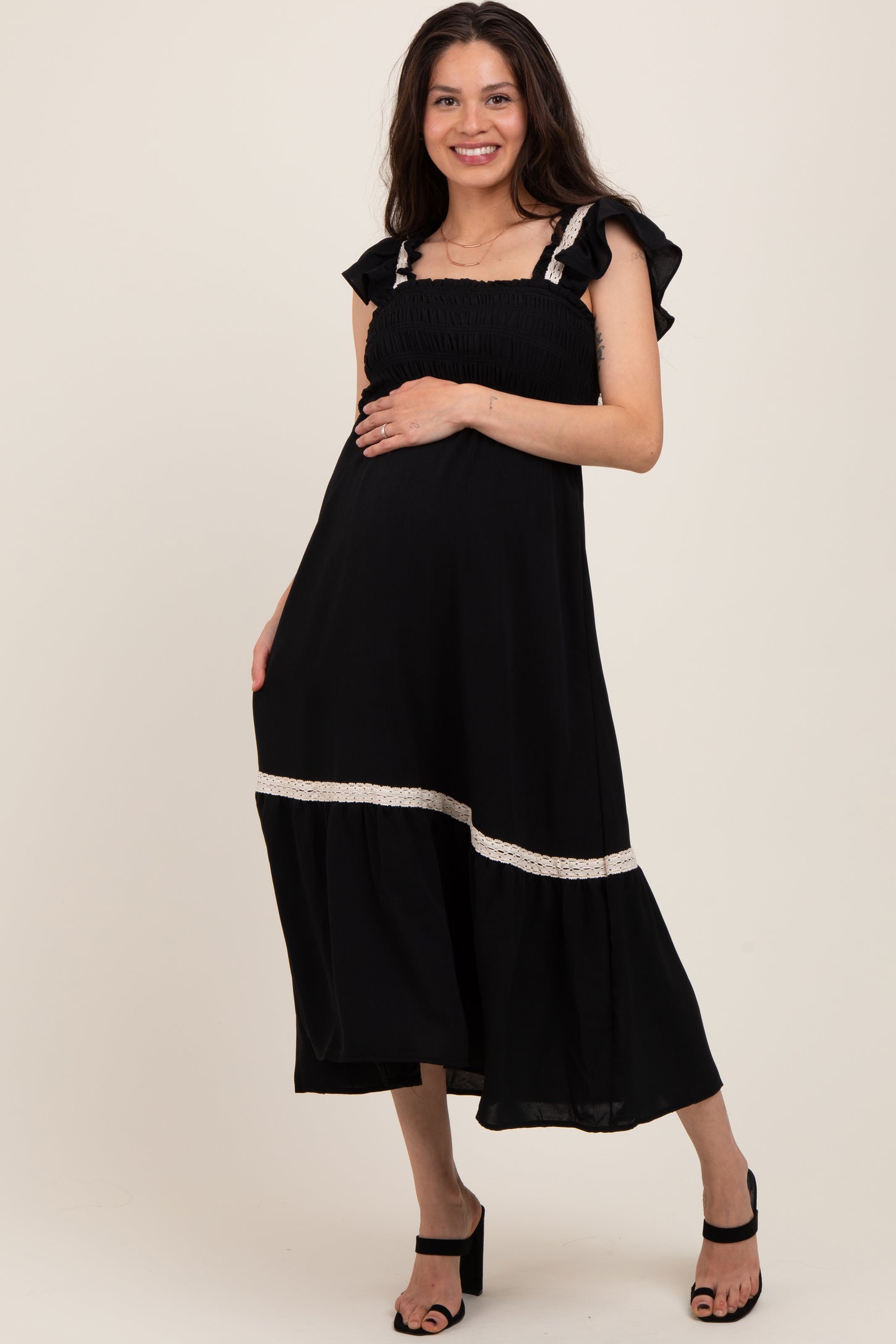 Black Smocked Lace Detail Maternity Midi Dress