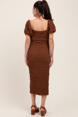 Brown Textured Square Neck Puff Sleeve Maternity Midi Dress