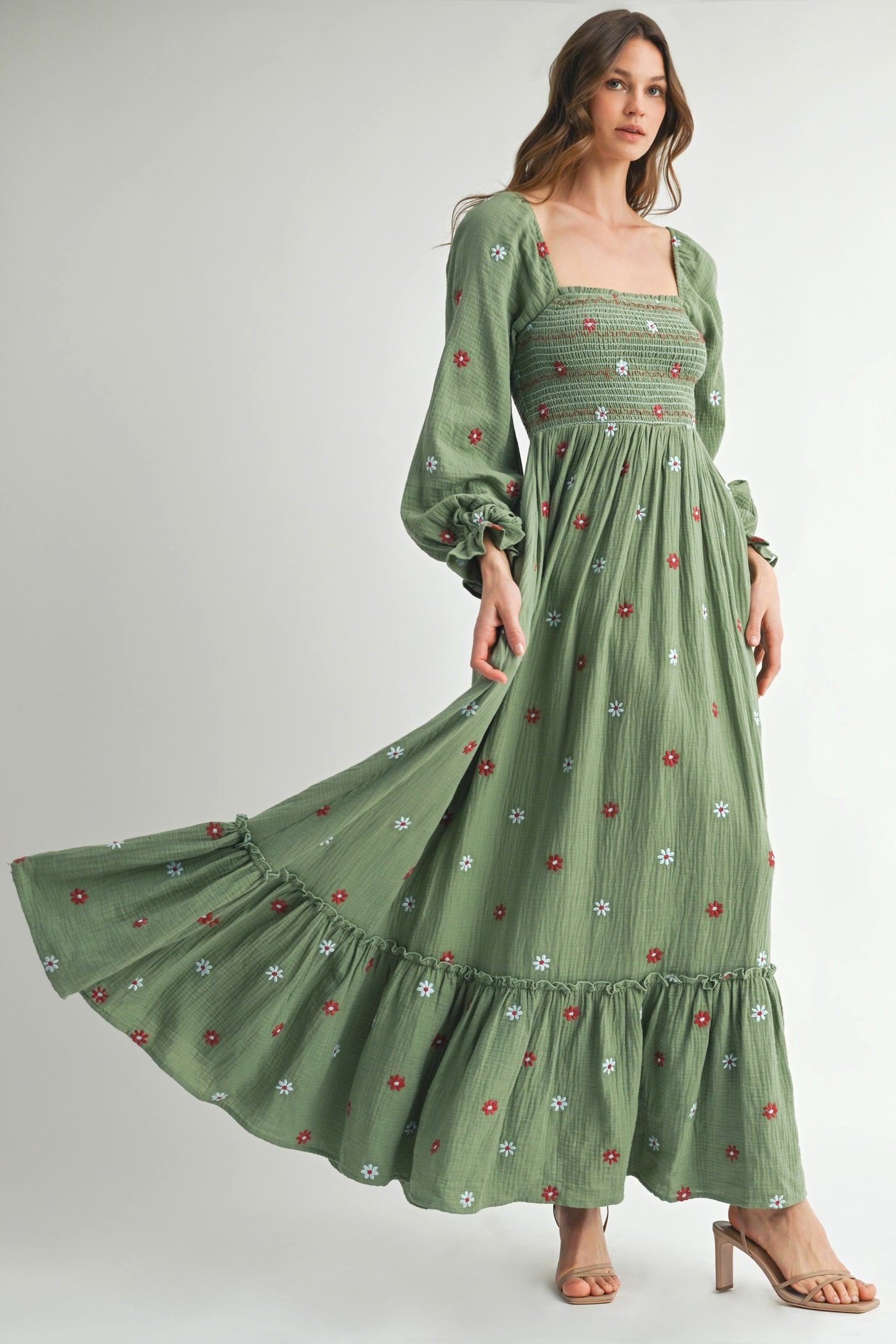 Olive Long Sleeve Floral Accent Dress