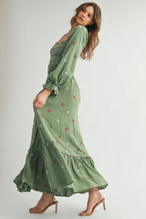 Olive Long Sleeve Floral Accent Dress