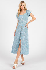 Light Blue Floral V-Neck Button Down Midi Dress