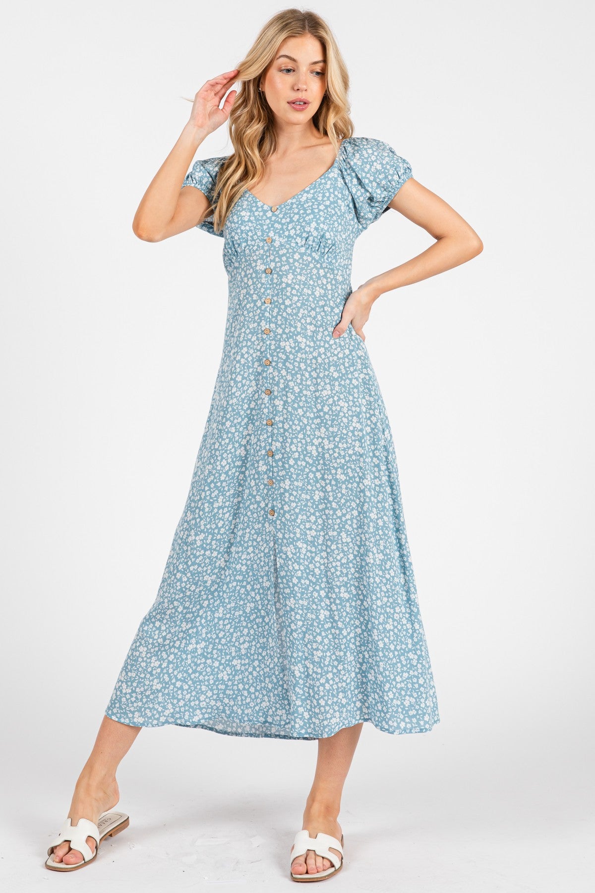 Light Blue Floral V-Neck Button Down Midi Dress