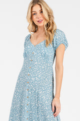 Light Blue Floral V-Neck Button Down Midi Dress