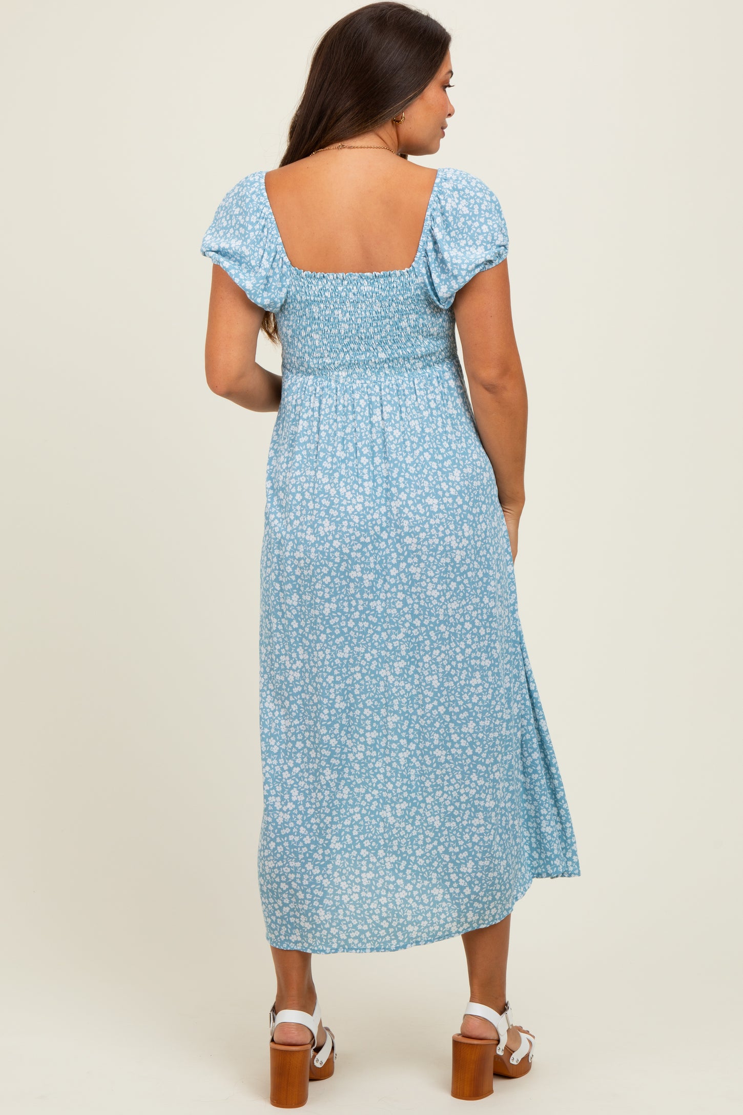 Light Blue Floral V-Neck Button Down Maternity Midi Dress