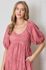 Pink Leaf Textured Tiered Midi Dress