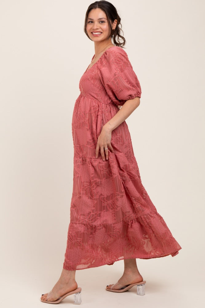 Pink Leaf Textured Tiered Midi Maternity Dress
