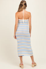 Blue Striped Halter Crochet Knit Maternity Midi Dress
