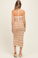 Light Olive Striped Halter Crochet Knit Maternity Midi Dress