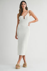 Ivory Crochet Knit Cut Out O-Ring Midi Dress