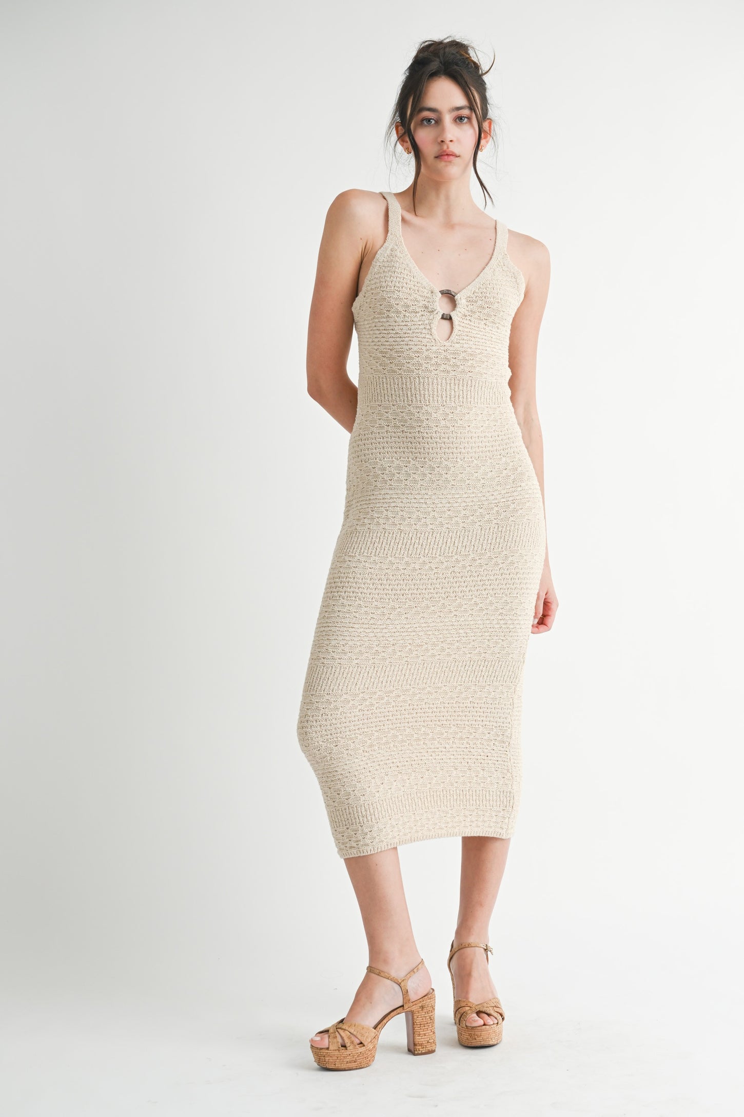 Beige Crochet Knit Cut Out O-Ring Midi Dress