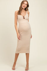 Beige Crochet Knit Cut Out O-Ring Maternity Midi Dress