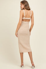 Beige Crochet Knit Cut Out O-Ring Maternity Midi Dress