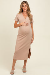 Mocha Ribbed Button Detail Maternity Midi Dress