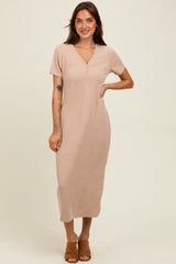 Mocha Ribbed Button Detail Midi Dress