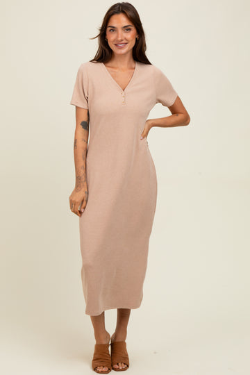 Mocha Ribbed Button Detail Midi Dress