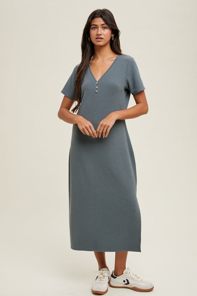 Teal Ribbed Button Detail Midi Dress