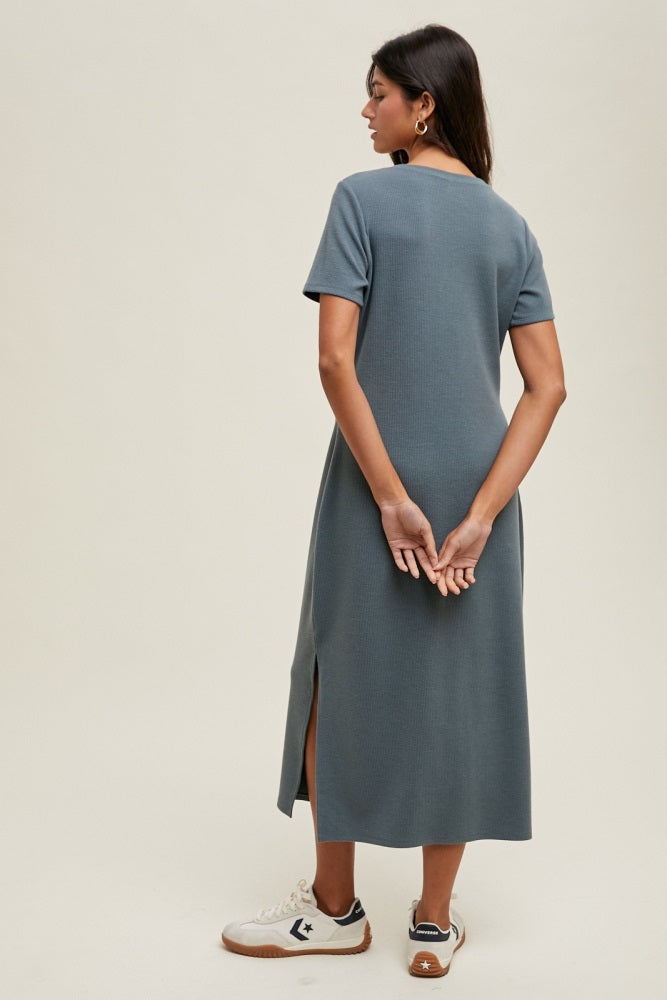 Teal Ribbed Button Detail Midi Dress