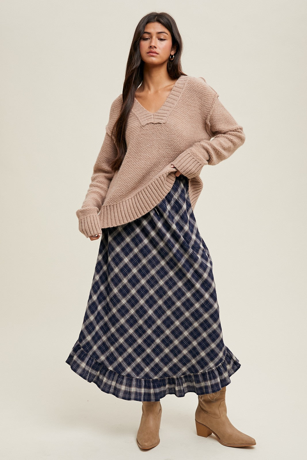 Navy Plaid Ruffle Trim Maxi Skirt