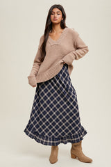 Navy Plaid Ruffle Trim Maxi Skirt