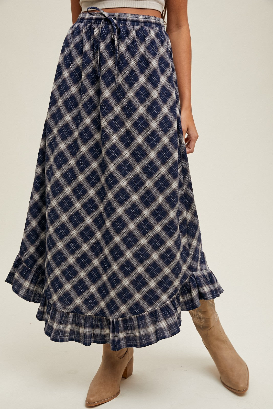 Navy Plaid Ruffle Trim Maxi Skirt