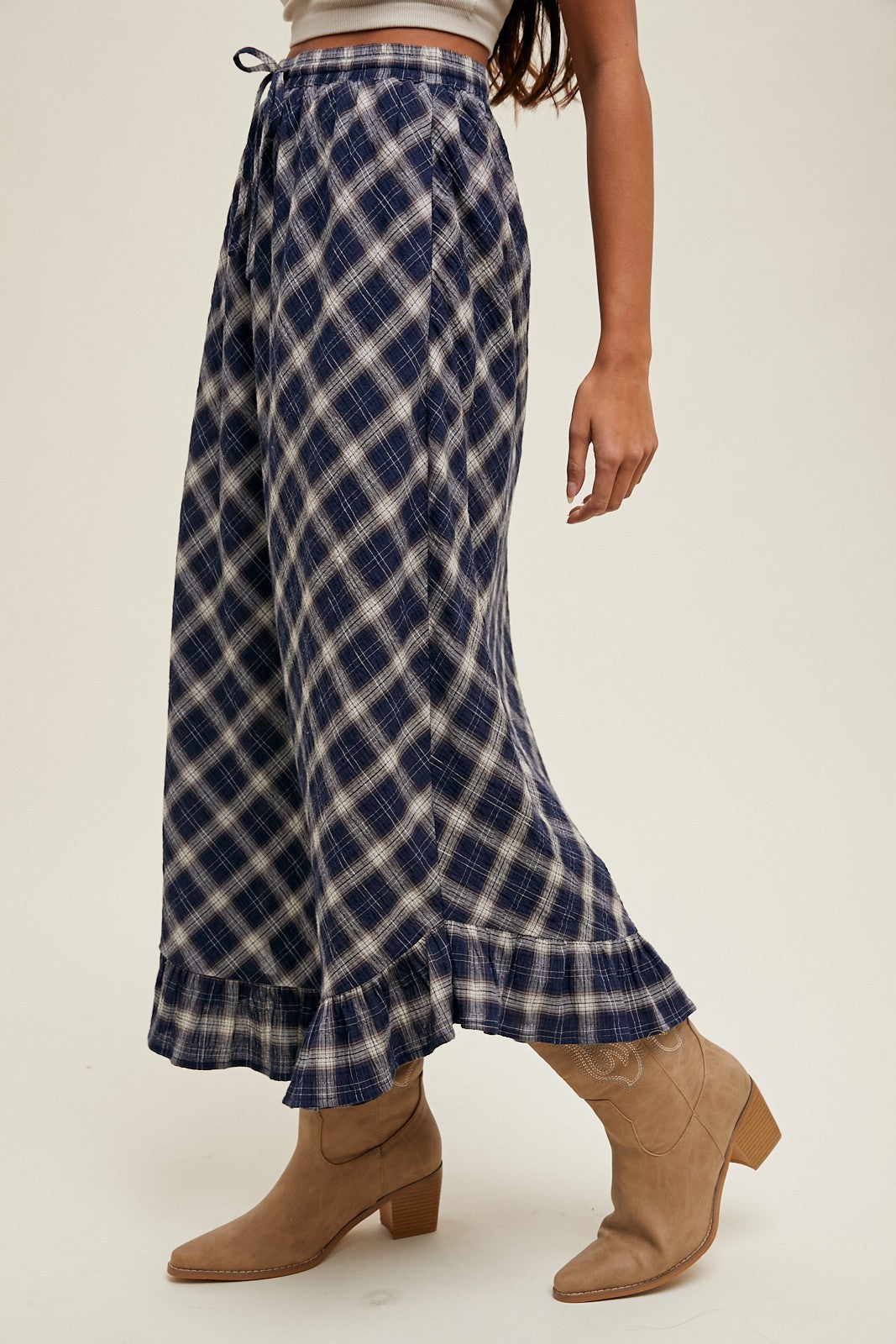 Navy Plaid Ruffle Trim Maxi Skirt