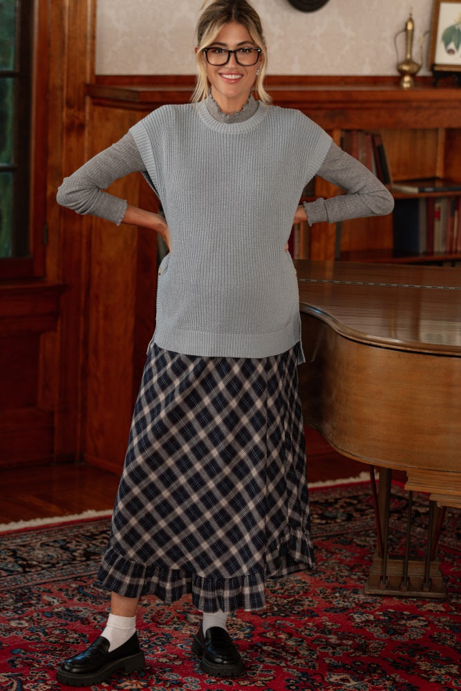 Navy Plaid Ruffle Trim Maternity Maxi Skirt