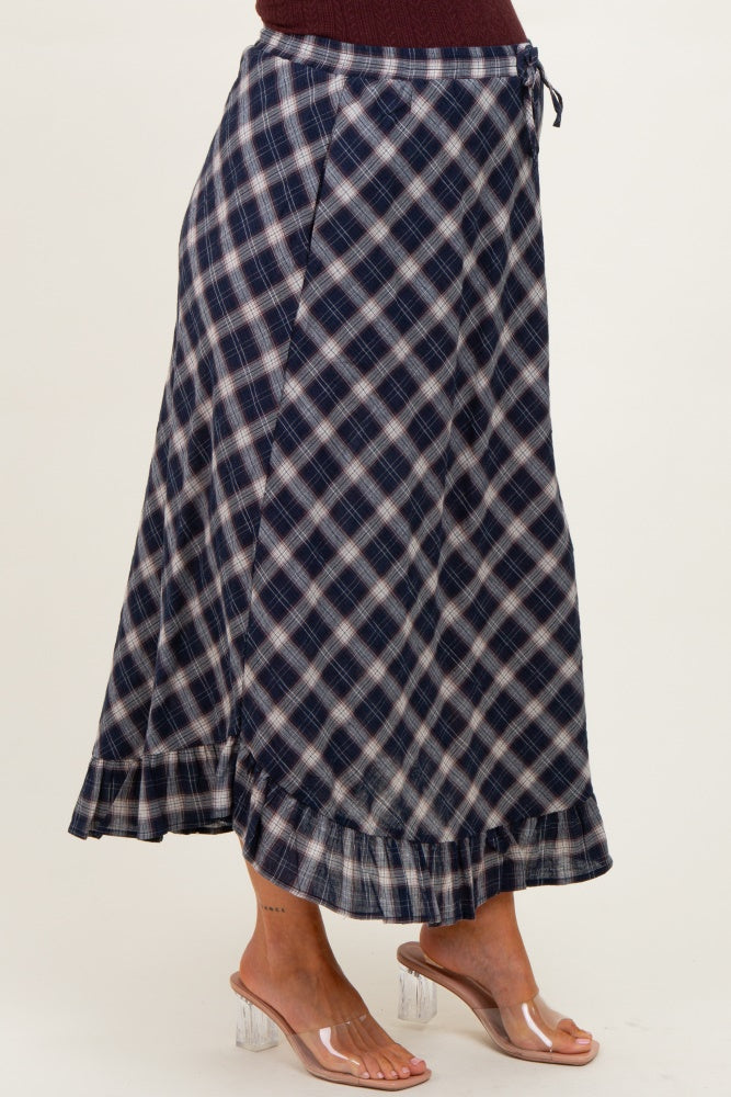 Navy Plaid Ruffle Trim Maternity Maxi Skirt