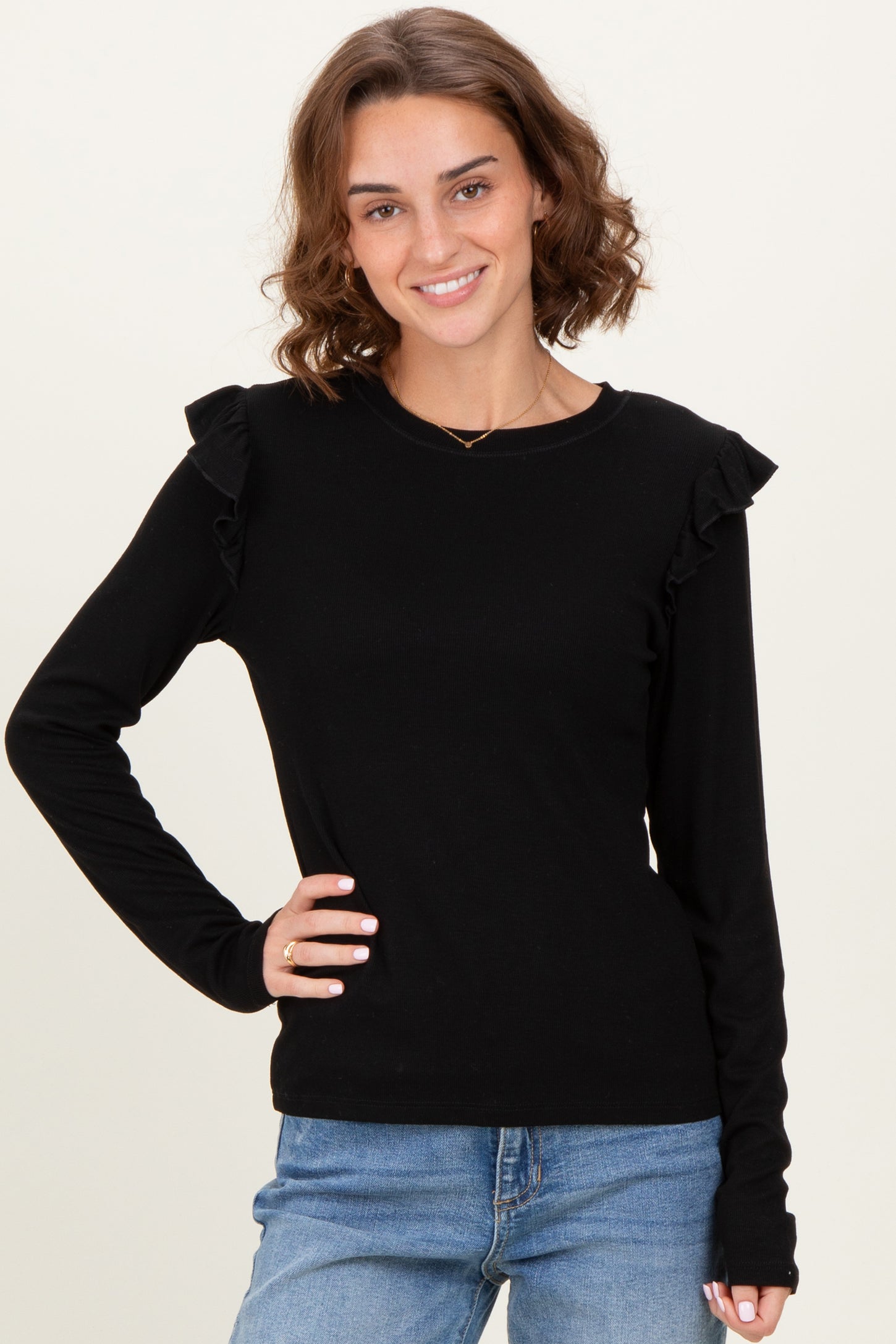 Black Ribbed Knit Ruffle Detail Maternity Long Sleeve Top